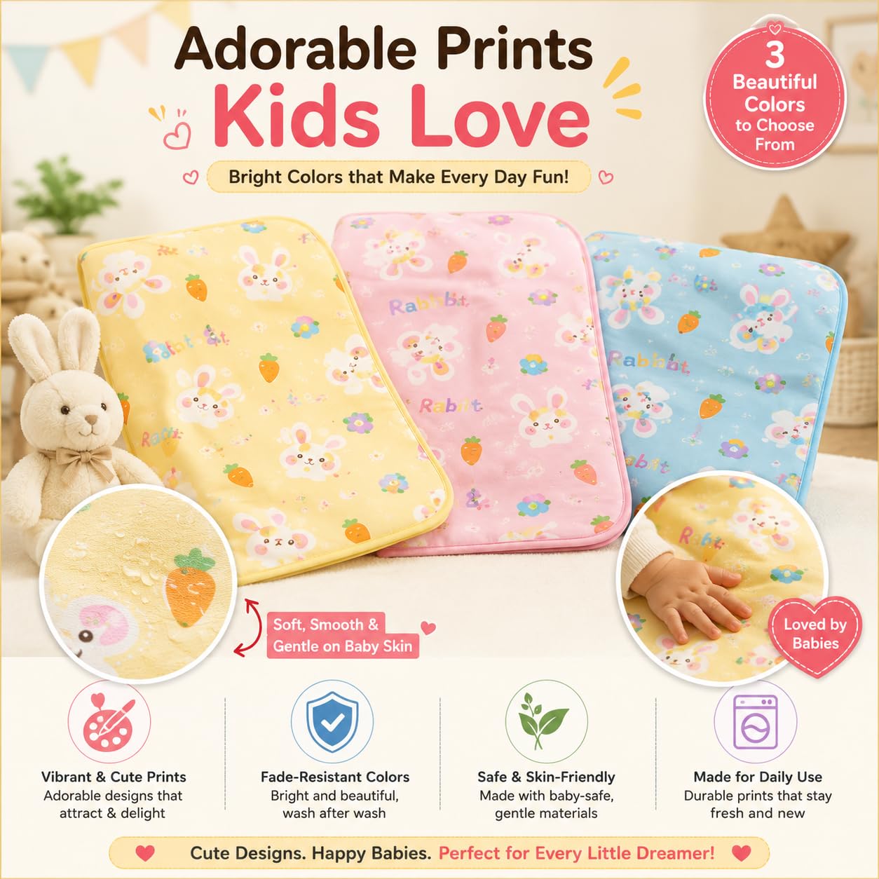 LittleNest Baby Mattress Protector | Extra Absorbent Quick Dry Sheet for Newborn Babies | Waterproof & Reusable Urine Pad for Cot & Bed | 50x70cm | Cute Rabbit Prints | Yellow/Pink/Blue - KinderBloom