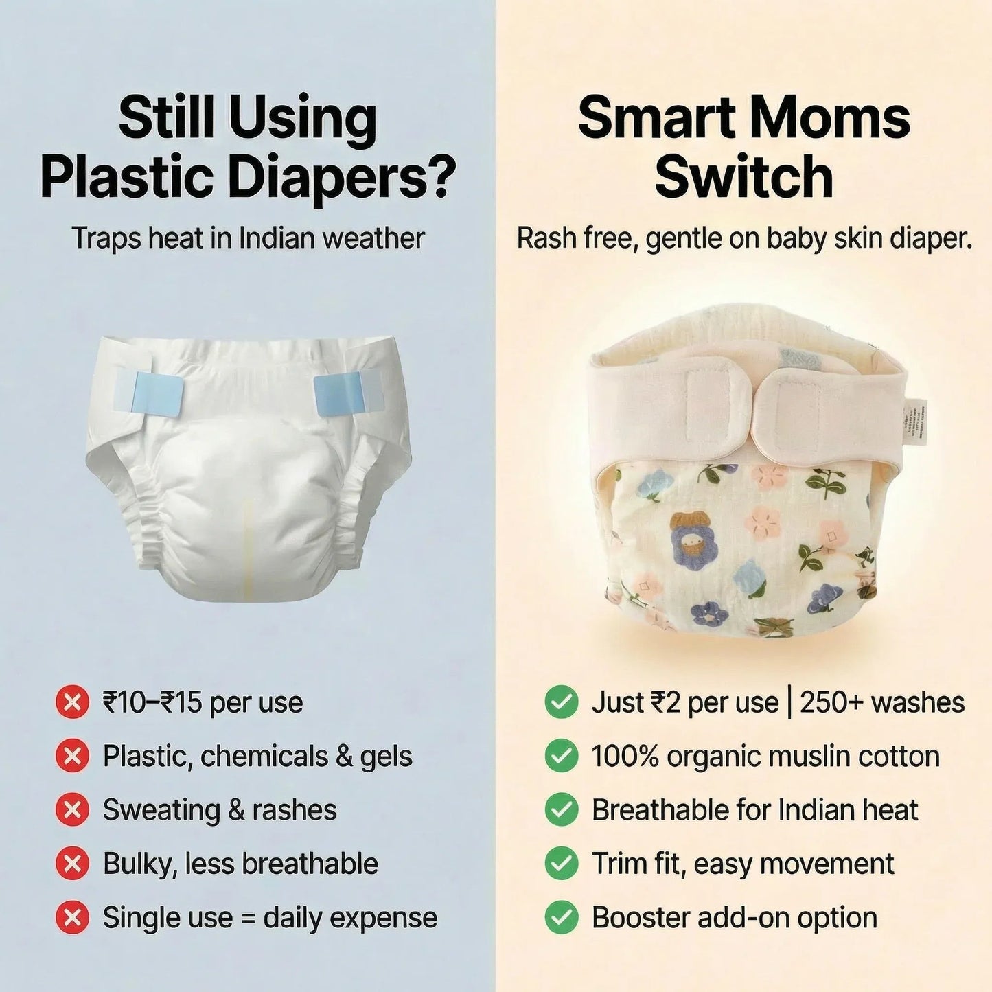 Pack of 6 Organic Muslin Cloth Diaper with Cotton & Booster Pad - KinderBloom