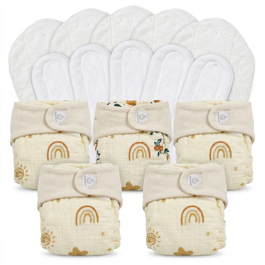 Pack of 5 Organic Crinckled Muslin Diaper with Cotton pad and Booster Pad