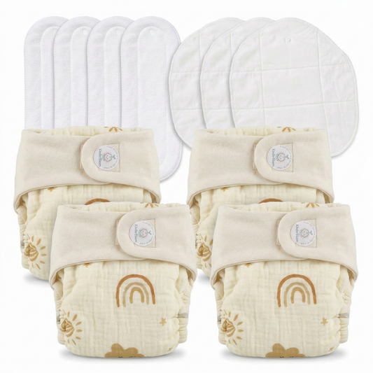 Pack of 4 Organic Crinckled Muslin Diaper with Cotton pad and Booster Pad