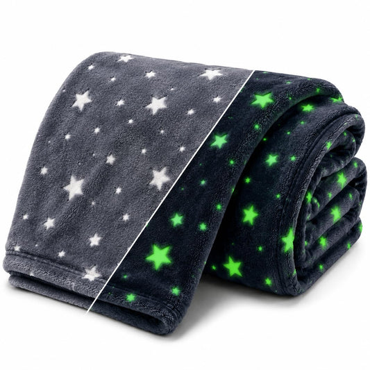 Glow in the Dark Kids Blanket | 300 GSM Flannel Fleece Throw | Magical Luminous Cartoon Star Night Sky Blanket | Gift for Boys & Girls Aged 3-10 Years |130 x 150 cm, Luminous Star Prints - KinderBloom
