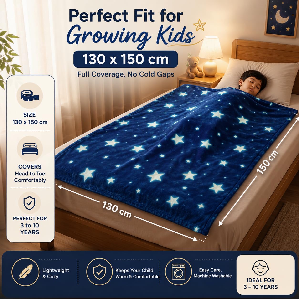 Glow in the Dark Kids Blanket | 300 GSM Flannel Fleece Throw | Magical Luminous Cartoon Star Night Sky Blanket | Gift for Boys & Girls Aged 3-10 Years |130 x 150 cm, Luminous Star Prints - KinderBloom