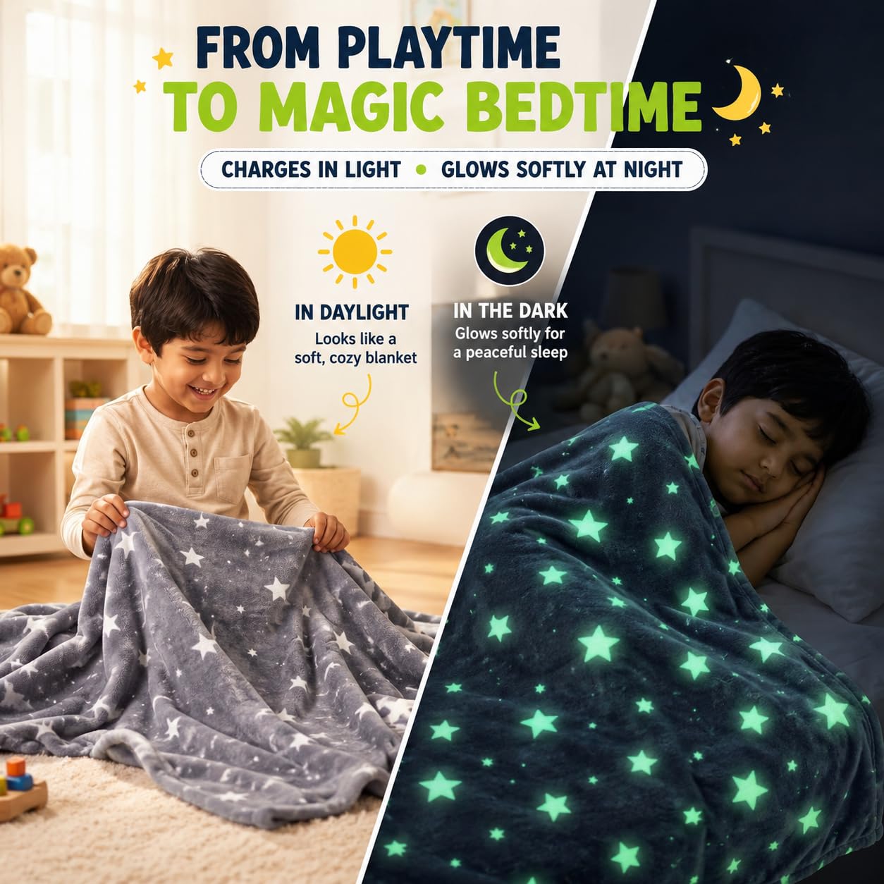 Glow in the Dark Kids Blanket | 300 GSM Flannel Fleece Throw | Magical Luminous Cartoon Star Night Sky Blanket | Gift for Boys & Girls Aged 3-10 Years |130 x 150 cm, Luminous Star Prints - KinderBloom