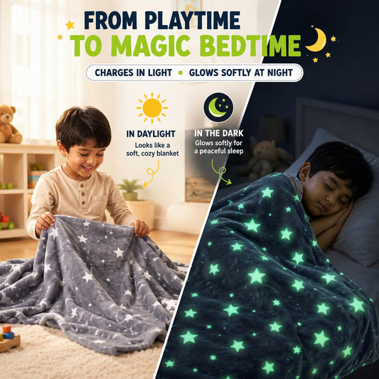 Glow in the Dark Kids Blanket | 300 GSM Flannel Fleece Throw | Magical Luminous Cartoon Star Night Sky Blanket | Gift for Boys & Girls Aged 3-10 Years |130 x 150 cm, Luminous Star Prints - KinderBloom