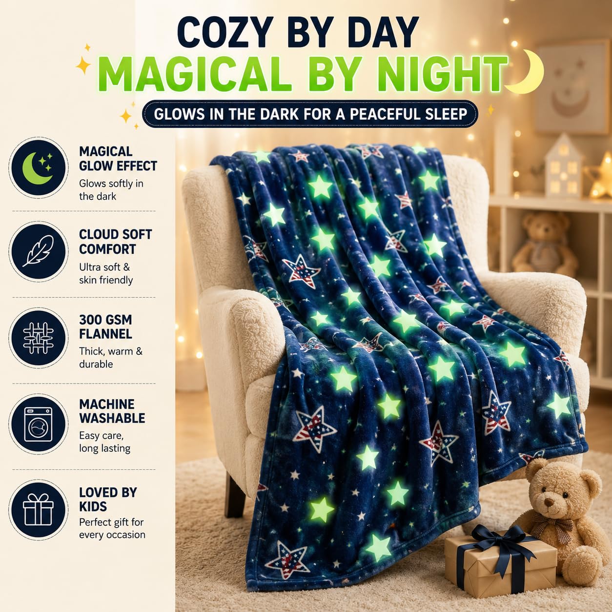 Glow in the Dark Kids Blanket | 300 GSM Flannel Fleece Throw | Magical Luminous Cartoon Star Night Sky Blanket | Gift for Boys & Girls Aged 3-10 Years |130 x 150 cm, Luminous Star Prints - KinderBloom