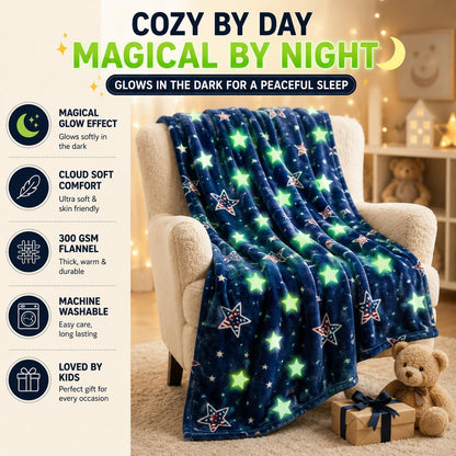 Glow in the Dark Kids Blanket | 300 GSM Flannel Fleece Throw | Magical Luminous Cartoon Star Night Sky Blanket | Gift for Boys & Girls Aged 3-10 Years |130 x 150 cm, Luminous Star Prints - KinderBloom