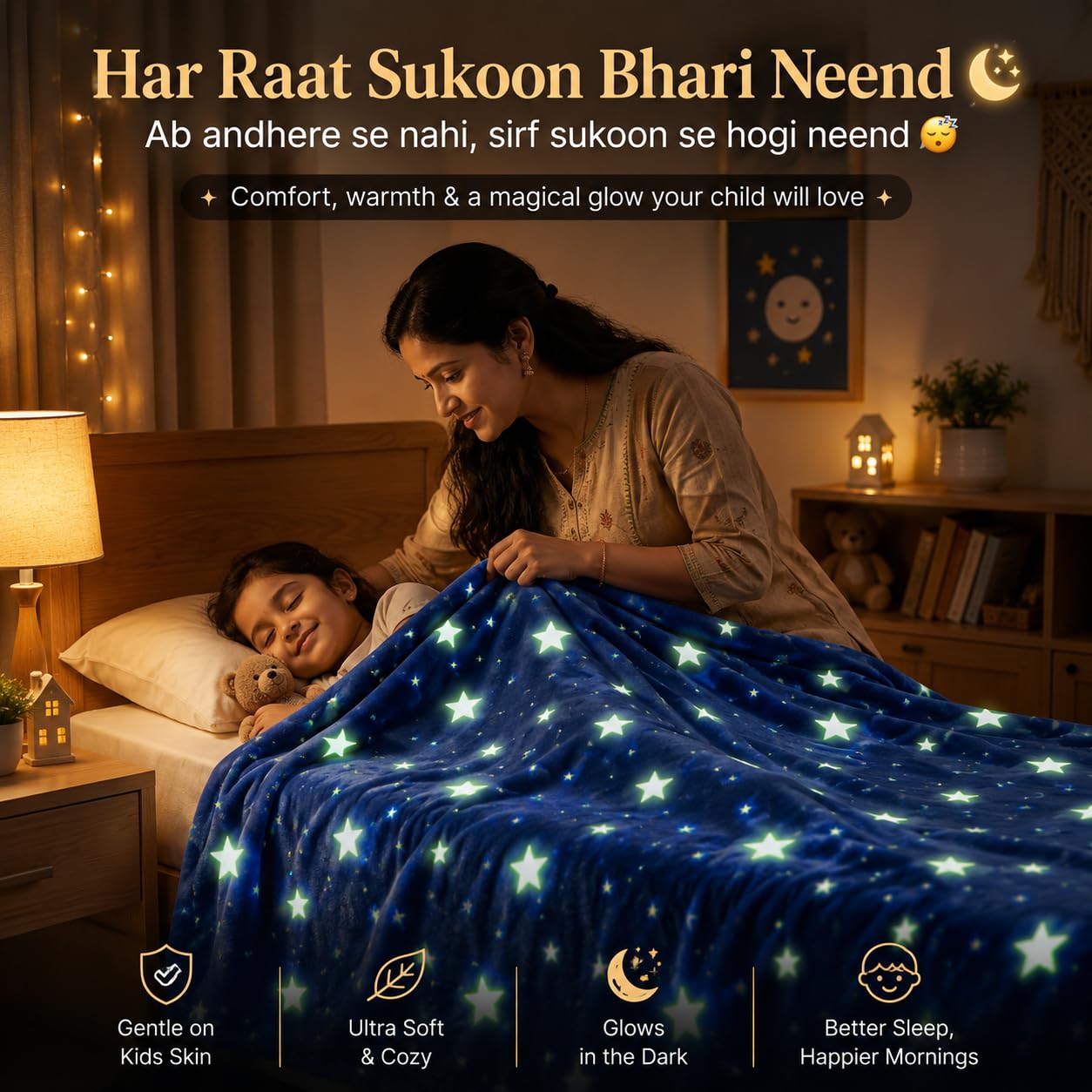 Glow in the Dark Kids Blanket | 300 GSM Flannel Fleece Throw | Magical Luminous Cartoon Star Night Sky Blanket | Gift for Boys & Girls Aged 3-10 Years |130 x 150 cm, Luminous Star Prints - KinderBloom