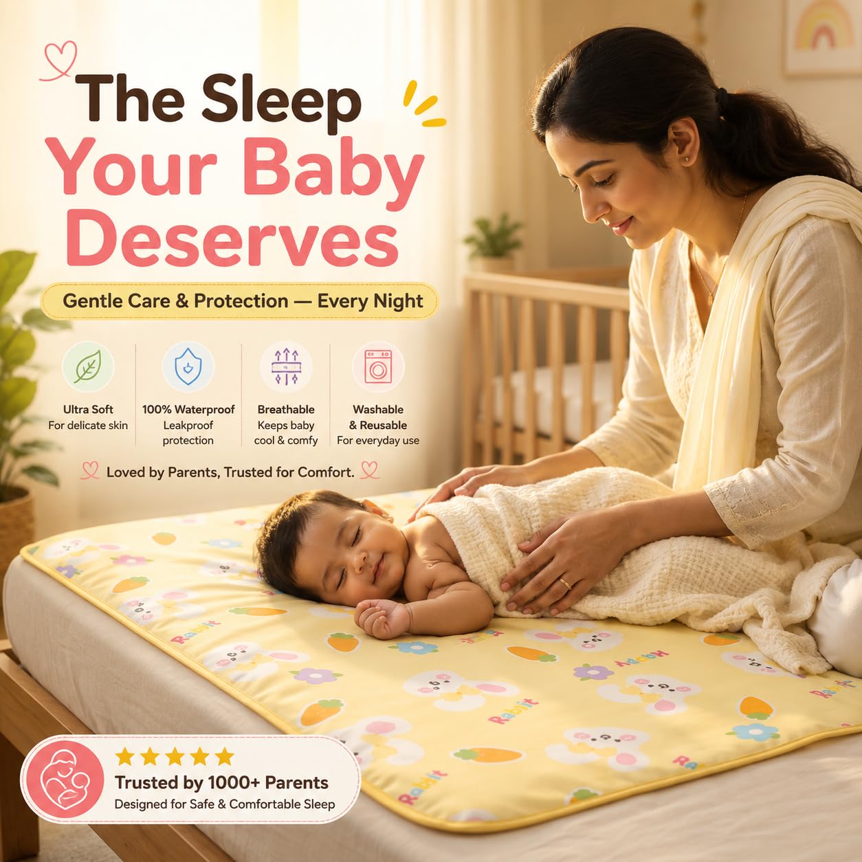 LittleNest Baby Mattress Protector | Extra Absorbent Quick Dry Sheet for Newborn Babies | Waterproof & Reusable Urine Pad for Cot & Bed | 50x70cm | Cute Rabbit Prints | Yellow/Pink/Blue - KinderBloom