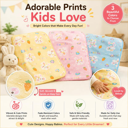 LittleNest Baby Mattress Protector | Extra Absorbent Quick Dry Sheet for Newborn Babies | Waterproof & Reusable Urine Pad for Cot & Bed | 50x70cm | Cute Rabbit Prints | Yellow/Pink/Blue - KinderBloom
