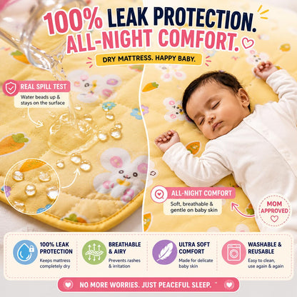 LittleNest Baby Mattress Protector | Extra Absorbent Quick Dry Sheet for Newborn Babies | Waterproof & Reusable Urine Pad for Cot & Bed | 50x70cm | Cute Rabbit Prints | Yellow/Pink/Blue - KinderBloom