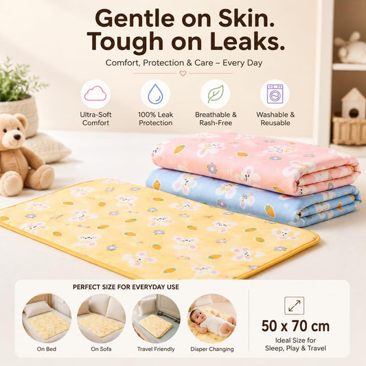 LittleNest Baby Mattress Protector | Extra Absorbent Quick Dry Sheet for Newborn Babies | Waterproof & Reusable Urine Pad for Cot & Bed | 50x70cm | Cute Rabbit Prints | Yellow/Pink/Blue - KinderBloom