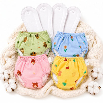 Muslin Cotton Baby Diaper Training Pants Reusable | Washable Cloth Diaper Pants | Super Absorbent | Rash Free | Soft on Skin Pack of 4 - KinderBloom