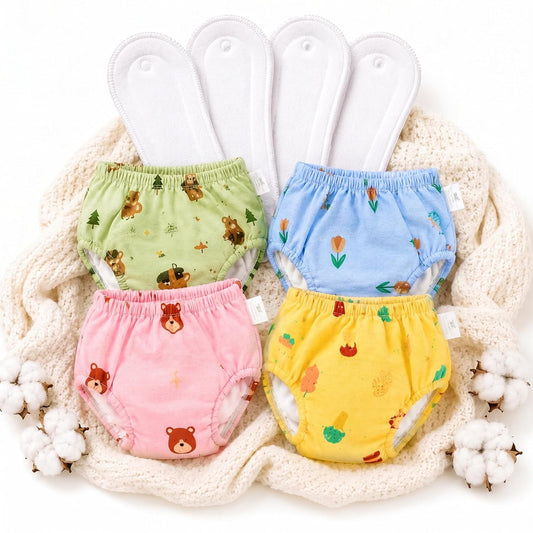 Muslin Cotton Baby Diaper Training Pants Reusable | Washable Cloth Diaper Pants | Super Absorbent | Rash Free | Soft on Skin Pack of 4 - KinderBloom