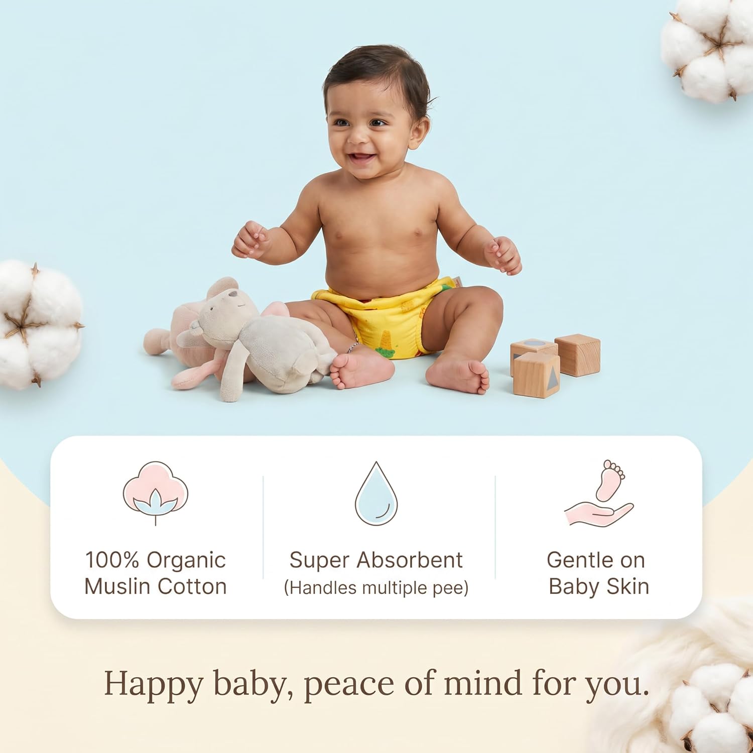 Muslin Cotton Baby Diaper Training Pants Reusable | Washable Cloth Diaper Pants | Super Absorbent | Rash Free | Soft on Skin | Pack of 6 - KinderBloom