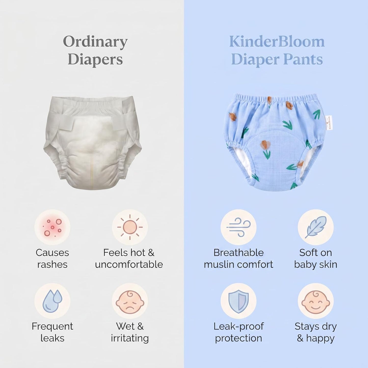 Muslin Cotton Baby Diaper Training Pants Reusable | Washable Cloth Diaper Pants | Super Absorbent | Rash Free | Soft on Skin | Pack of 6 - KinderBloom