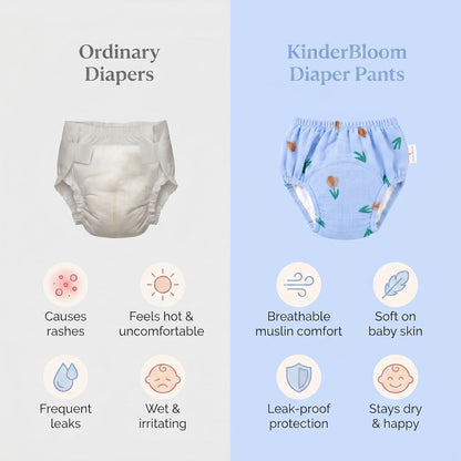 Muslin Cotton Baby Diaper Training Pants Reusable | Washable Cloth Diaper Pants | Super Absorbent | Rash Free | Soft on Skin | Pack of 6 - KinderBloom
