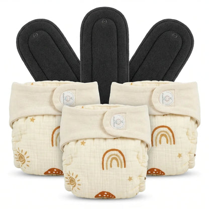 Pack of 3 Reusable Muslin Diaper with Bamboo Charcoal Pad | KinderBloom India - KinderBloom