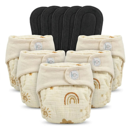 Pack of 5 Reusable Muslin Diaper with Bamboo Charcoal Pad | KinderBloom India - KinderBloom
