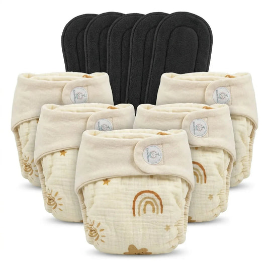 Pack of 5 Reusable Muslin Diaper with Bamboo Charcoal Pad | KinderBloom India - KinderBloom