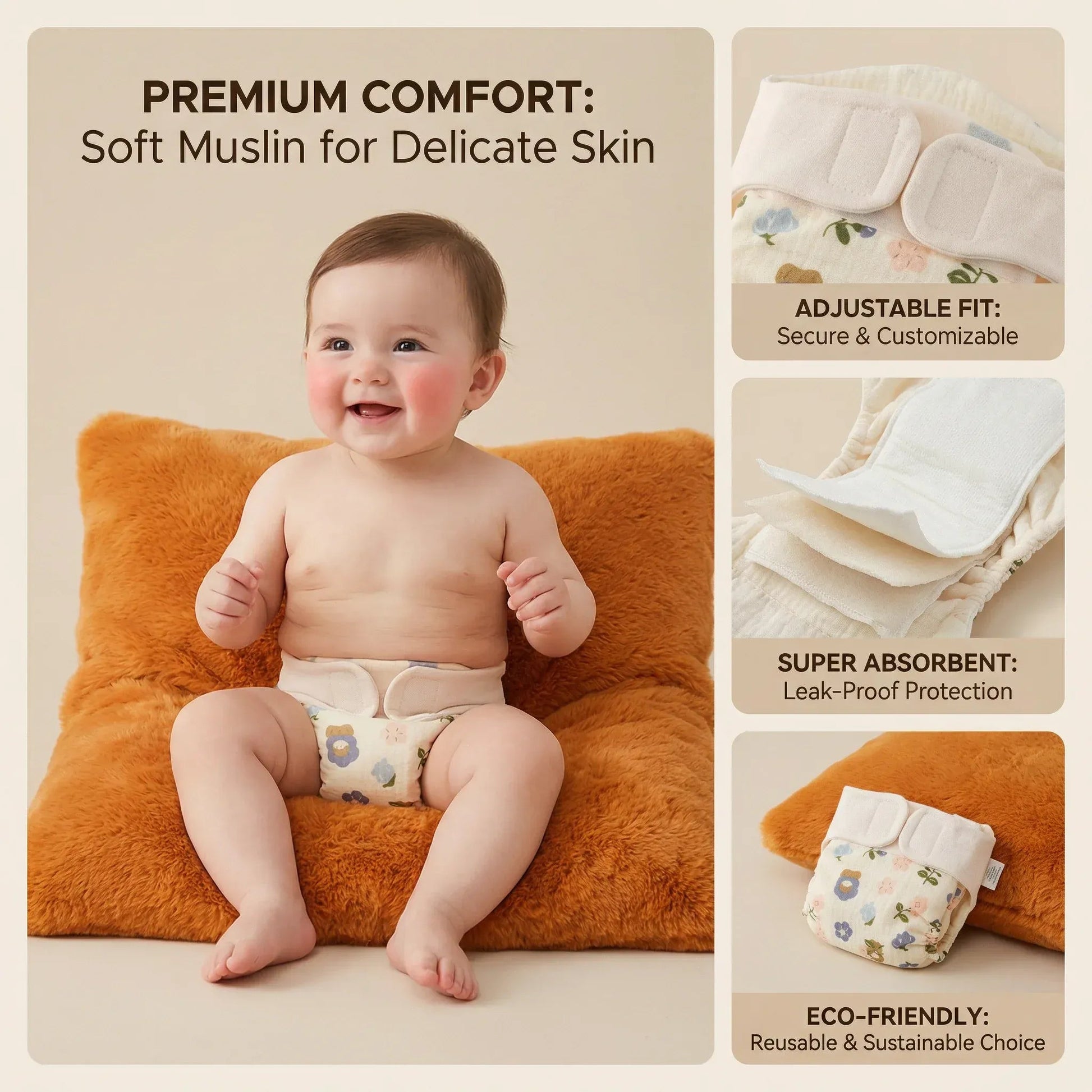 Pack of 6 Organic Muslin Cloth Diaper with Cotton & Booster Pad - KinderBloom