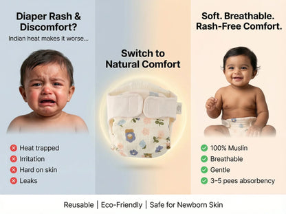 Pack of 6 Organic Muslin Cloth Diaper with Cotton & Booster Pad - KinderBloom