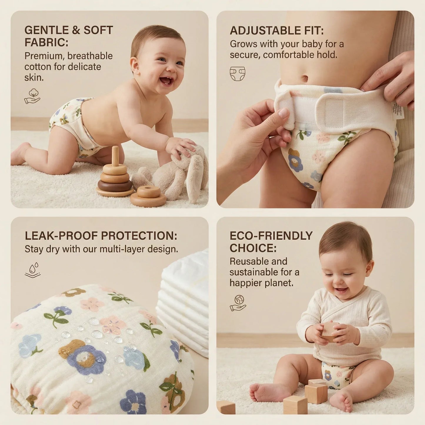 Pack of 6 Organic Muslin Cloth Diaper with Cotton & Booster Pad - KinderBloom