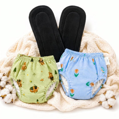 Washable Muslin Diaper Pants for Newborn | Reusable Cloth Diaper with Bamboo Charcoal Pad | Soft, Breathable, All-Season | Pack of 2 - KinderBloom