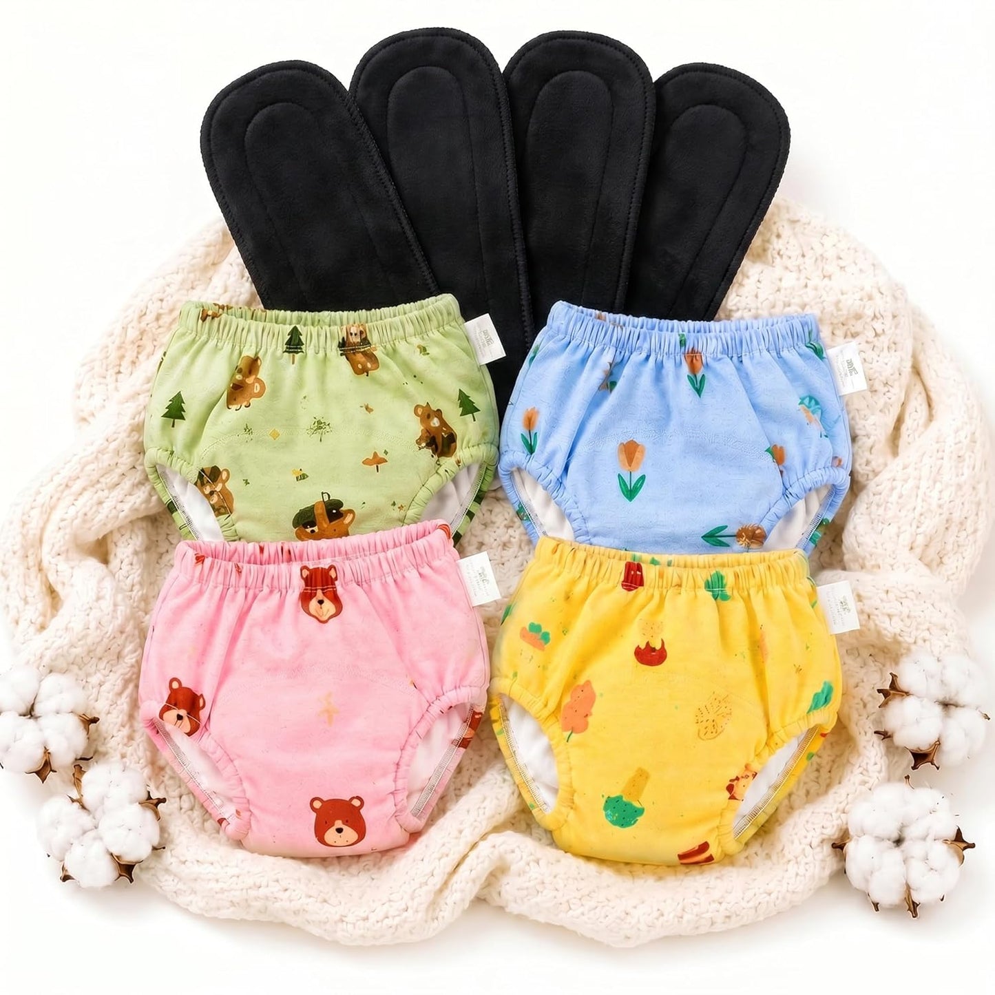 Washable Muslin Diaper Pants for Newborn | Reusable Cloth Diaper with Bamboo Charcoal Pad | Soft, Breathable, All-Season | Pack of 4 - KinderBloom