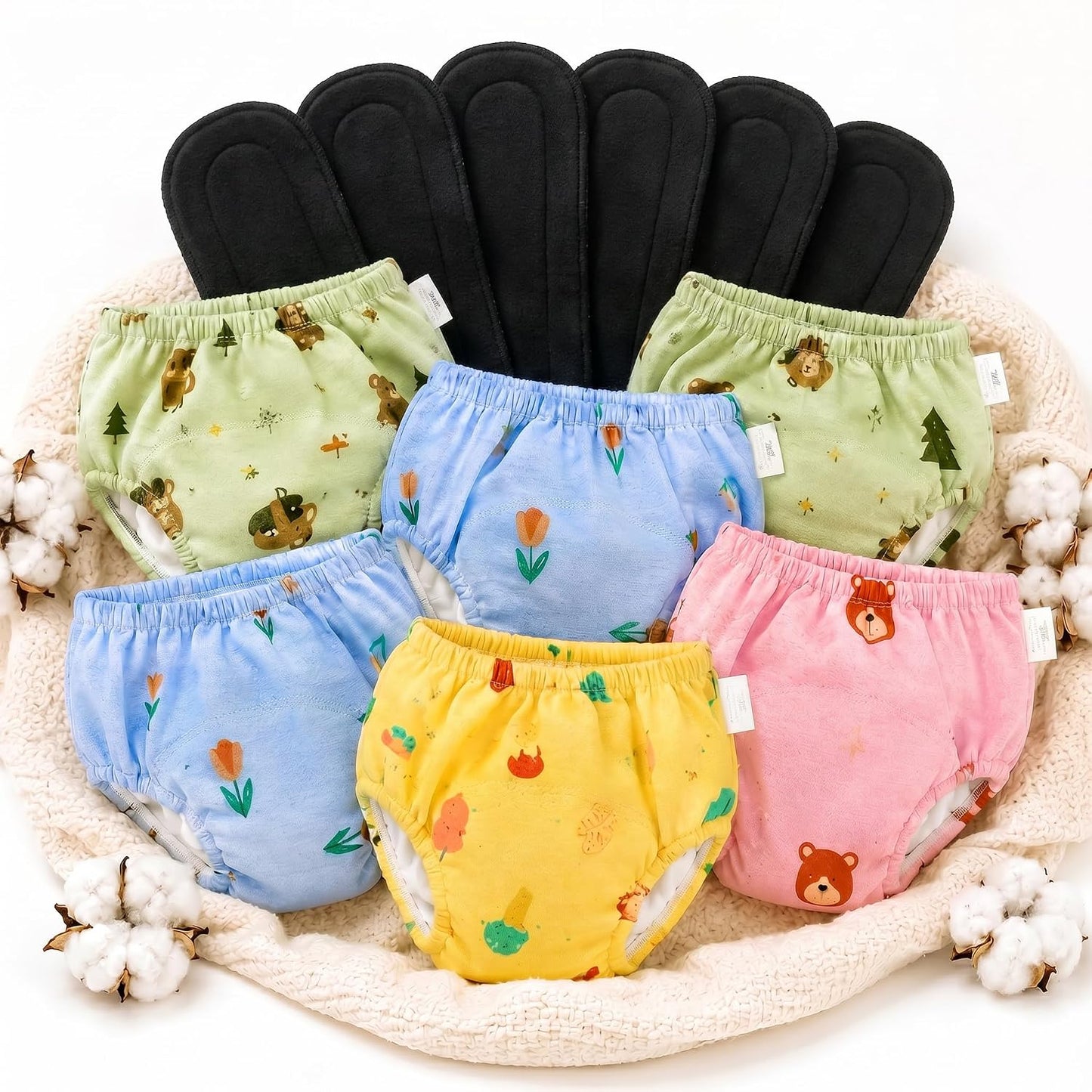 Washable Muslin Diaper Pants for Newborn | Reusable Cloth Diaper with Bamboo Charcoal Pad | Soft, Breathable, All-Season | Pack of 6 - KinderBloom
