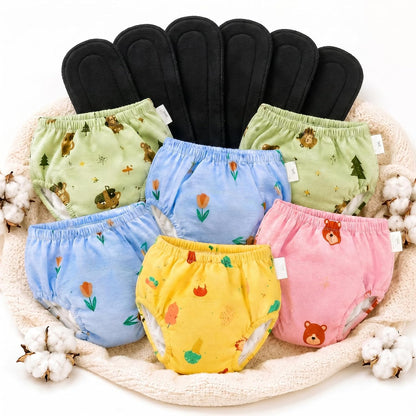 Washable Muslin Diaper Pants for Newborn | Reusable Cloth Diaper with Bamboo Charcoal Pad | Soft, Breathable, All-Season | Pack of 6 - KinderBloom