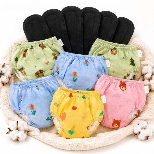 Washable Muslin Diaper Pants for Newborn | Reusable Cloth Diaper with Bamboo Charcoal Pad | Soft, Breathable, All-Season | Pack of 6 - KinderBloom